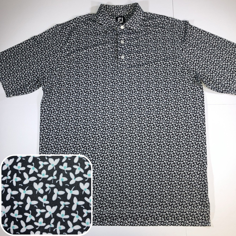 FootJoy Floral Golf Polo Mens XL Black White Blue Performance Stretch Wicking